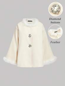 SHEIN MOD Abrigo capa de mujer con borde de felpa de manga larga, Abrigo capa de mujer con borde de felpa de color albaricoque de manga larga, Invierno, Año Nuevo, Mujer de Navidad, Fiesta, Boda, Salida, Abrigo elegante de mujer, Graduación, Navidad - Albaricoque - Ver 3