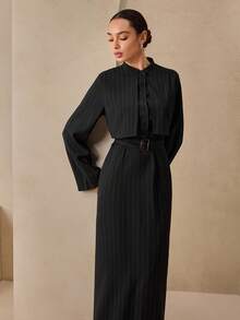 Graceveil Elegant Black Woven Casual Striped Flared Collar Button Waist Belt Long Evening Dress, Autumn - Black - View 5