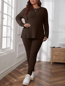 SHEIN Cottnline Plus Size Comfortable Knit Ribbed 2 Pieces Set - Brown - View 5