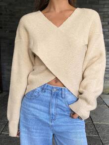 DAZY Women's Elegant Solid Color V-Neck Sweater, Autumn - Apricot - View 3