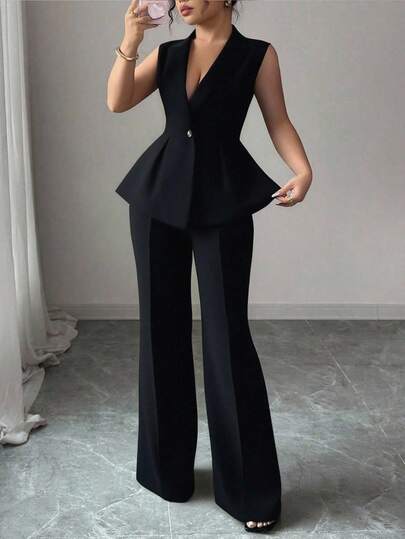 Elenzga Conjunto de traje elegante y romántico para mujer con blazer sin mangas, cuello y cintura ceñida, talla grande