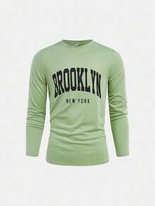 SHEIN 3件套青少年男童学院风字母印花长袖T恤，休闲舒适，时尚百搭，面料柔软，适合日常穿着、上学、郊游、户外活动、秋冬季节，返校季男童时尚长袖上衣，纽约童装衬衫