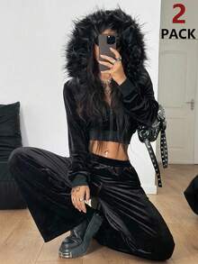 Coolane Women's Fall/Winter Streetwear Athleisure Basic Daily Wear Velvet Fur Collar Hooded Sweatshirt And Straight Pants Suit Set Two Pieces Outfits