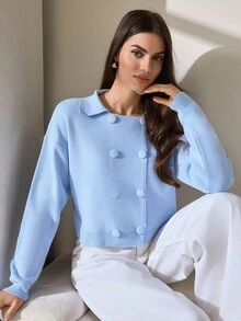 CLARA VERO Modern Frost Double-Breasted Knit Cardigan In Baby Blue With Retro Collar And Ribbed Hems,Cardigans,Long Cardigans Woman,Petite,Tall - Baby Blue - View 5