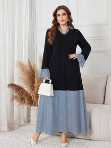 SHEIN Lacomfia Váy len dài thường ngày họa tiết sọc chắp vá cỡ lớn thanh lịch, thiết kế thời trang cho công sở, trường học, mặc hàng ngày, xuân/thu - Nhiều màu - Xem 1