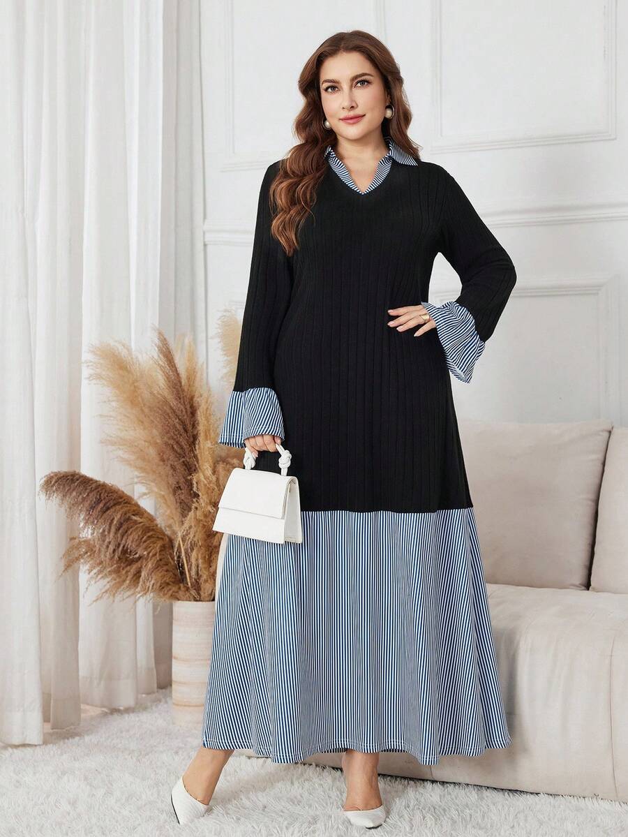 SHEIN Lacomfia Váy len dài thường ngày họa tiết sọc chắp vá cỡ lớn thanh lịch, thiết kế thời trang cho công sở, trường học, mặc hàng ngày, xuân/thu - Nhiều màu - Xem 1