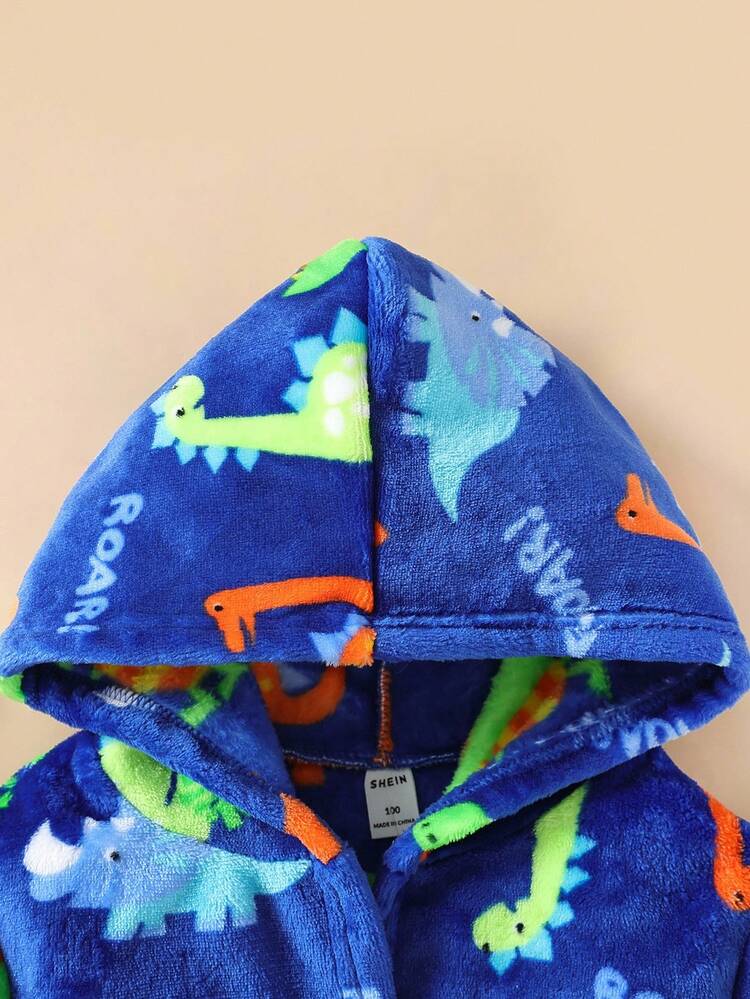 Young Boy Dinosaur Print Hooded Flannel Lounge Robe
