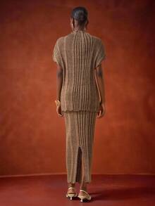 Zivah The 2025 New Autumn, Autumn And Winter Casual, Simple, Street, Daily, Date, Birthday, Party, Travel Season, Warm, Elegant, Commuting, Office Worker, Internet Celebrity Besthit High Neck, Neckline, Shoulder Drop, Sleeve Cover, Asymmetrical Hem, Long Sweater, Pullover, Skirt, Straight Skirt, Long Skirt, Flower Brown Asymmetrical Striped Sweater Set, Women's Sweater Two Pieces Set -A