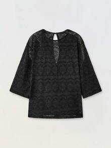 Maija Women's Sexy Solid Color Hollow Out Sheer T-Shirt,Boho Women Clothing - Black - View 3