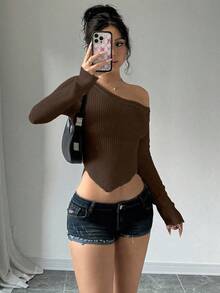 Flirla Áo len dệt kim bó sát hở vai gợi cảm cho nữ, mặc thường ngày, áo dài tay - Màu nâu Sô-cô-la - Xem 4