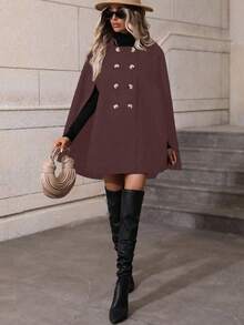 EMERY ROSE 优雅纯色双排扣斗篷大衣，秋冬 - 紫色 - 查看 5