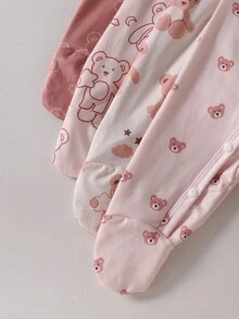 4件套新生儿熊图案卡其色长袖连脚连体衣 - 彩色 - 查看 6