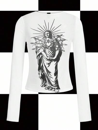 Shutterstock Y2Kool Camiseta de manga larga ajustada y semitransparente con estampado de ángel gótico, ropa de fiesta sexy para Halloween, camiseta gráfica de manga larga de otoño/invierno Y2K, camisetas gráficas para mujeres, tops de iglesia para mujeres, camisas religiosas para mujeres, camiseta gráfica de María, camiseta de Jesús, idea de combinación, colección de ropa elegante, atuendos de Año Nuevo