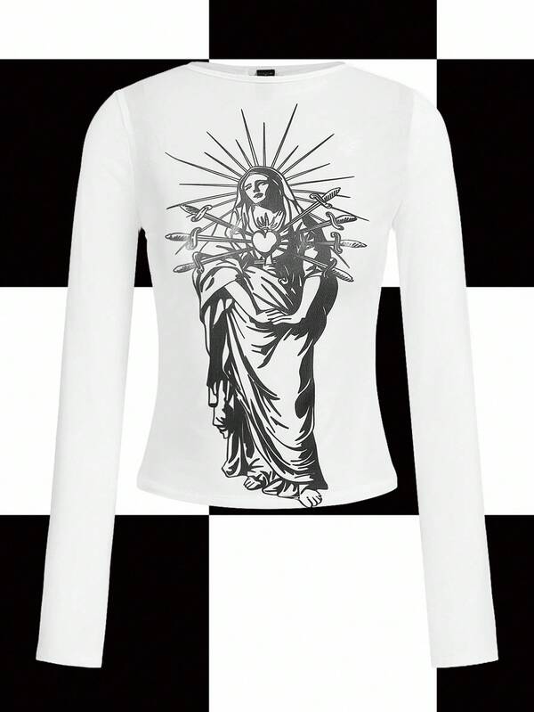 Shutterstock Y2Kool Damen Gothic Engel Muster halb-transparentes figurbetontes Langarm T-Shirt, sexy Party Clubwear für Halloween, Y2K Herbst/Winter Langarm Grafik T-Shirt, Grafik T-Shirts Frauen Kirchen Tops für Frauen, religiöse Shirts für Frauen, Maria Grafik T-Shirt, Jesus Shirt, stilvolle Bekleidungskollektion, Neujahrskostüme