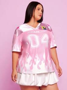 Mean Girls | SHEIN Áo thun tay ngắn cổ chữ V in hình ngọn lửa và số cỡ lớn mùa hè - Hồng - Xem 3