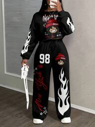 Slaydiva Plus Size Women Casual Street Style Loose Sporty 2-Piece Set, Suitable For Autumn/Winter, Flame Print, Numeral Print, Black Figure Print Y2k Outfit Y2k Women Two Piece Outfits Y2k 2 Piece Set Rap Concert Outfit