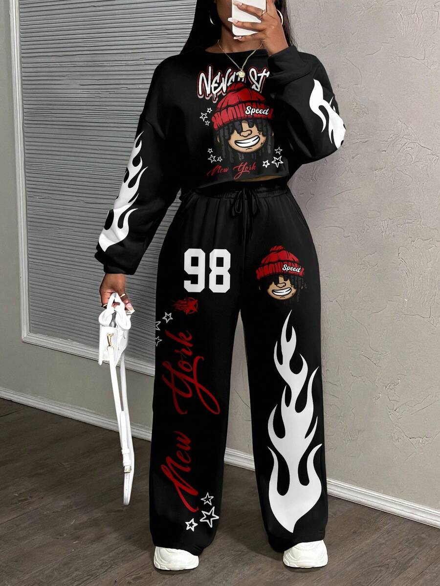 Slaydiva Women's Casual Street Style Loose Sports 2-Piece Set, Suitable For Autumn/Winter, Flame Print, Numeral Print, Black Figure Print,Street Chic,Fall