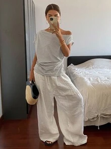 Livesso Striped Open Shoulder Ruched Fitted Short Sleeve Women's T-Shirt Summer - White - View 6