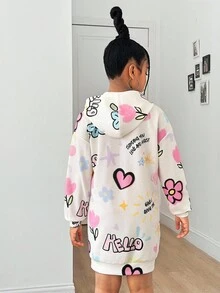 SHEIN 少女休闲宽松舒适字母图案卫衣，中长款，秋冬款 - 米色 - 查看 2