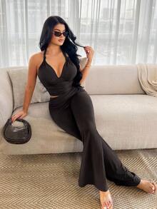 SHEIN SXY 2件套休闲天蓝色吊带上衣和裤子套装 - 咖啡棕 - 查看 3