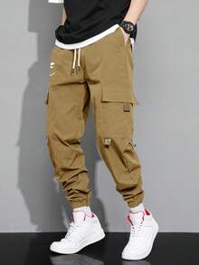 Claim Dot 男士表情印花翻盖口袋抽绳腰工装裤，适合秋季 - 駝色 - 查看 3