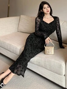 DAZY Đầm dài tay lưới họa tiết hoa nhí thanh lịch dành cho nữ, thích hợp cho tiệc tùng hoặc đi học, kiểu dáng mùa thu. - màu đen - Xem 3