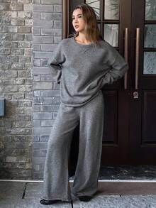 DAZY Women Solid Color Loose Crew Neck Long Sleeve Sweater And Straight Leg Pants Casual Street Wear Suit, Autumn/Winter