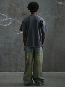 Manfinity ZONE917 Men's Loose Street Style White Distressed Vampire Fang & Star Print Black Splatter T-Shirt, Emo - Black - View 6