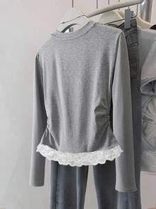 INAWLY Women's Crew Neck Long Sleeve Ruched Lace Ruffle Hem Casual T-Shirt - Light Grey - View 2