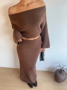 SHEIN Unity 1 Set Sexy Versatile Off-Shoulder Long Sleeve Top And Skirt Knit Suit - Coffee Brown - View 3