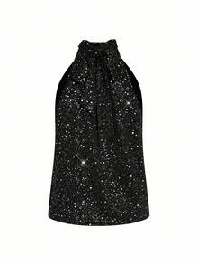 Ellevyn 大码女式闪亮露背背心和阔腿裤优雅套装 - 黑色 - 查看 2