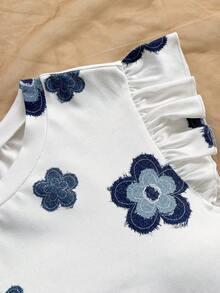 Soleia Áo thun nữ cổ tròn tay bồng in hoa, áo kiểu nữ thường ngày, áo tay bồng, áo đi chơi, áo tay ngắn dễ thương. - Xanh và trắng - Xem 5