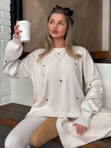 EURMUSE Heart Embroidery Knitted Sweater And Pants Set, Casual For Autumn/Winter - Cream - View 5