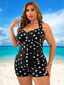 Swim Lushoire 大码女式波尔卡圆点双色印花露背交叉前褶修身短裤连体泳衣，优雅休闲沙滩装，适合日常生活和度假 - 黑與白 - 查看 4