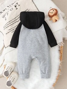 SHEIN Jumpsuit Bayi Abu-abu Muda Musim Gugur Lucu Seragam Keluarga Berkerudung dengan Resleting untuk Bayi Laki-laki, Motif Huruf Mini untuk Ayah, Blok Warna, Bodysuit Bayi Baru Lahir Musim Gugur - MultiWarna - View 2