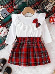 SHEIN Christmas Baby Girl Outfit 2pcs Baby Girl Spring/Autumn Knitted White Long Sleeve Top + Red Plaid Skirt Set Fall Winter - Multicolor - View 4