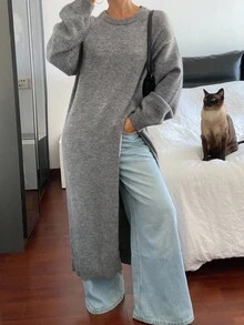 DAZY Women's Casual Solid Color Split Hem Sweater Dress, Autumn