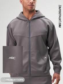 Arc Men's Casual Oversized Fit Drop Shoulder Zip Up Hoodies Loose Sweatshirt, Autumn/Winter, Long Sleeve Top - Grey - View 4