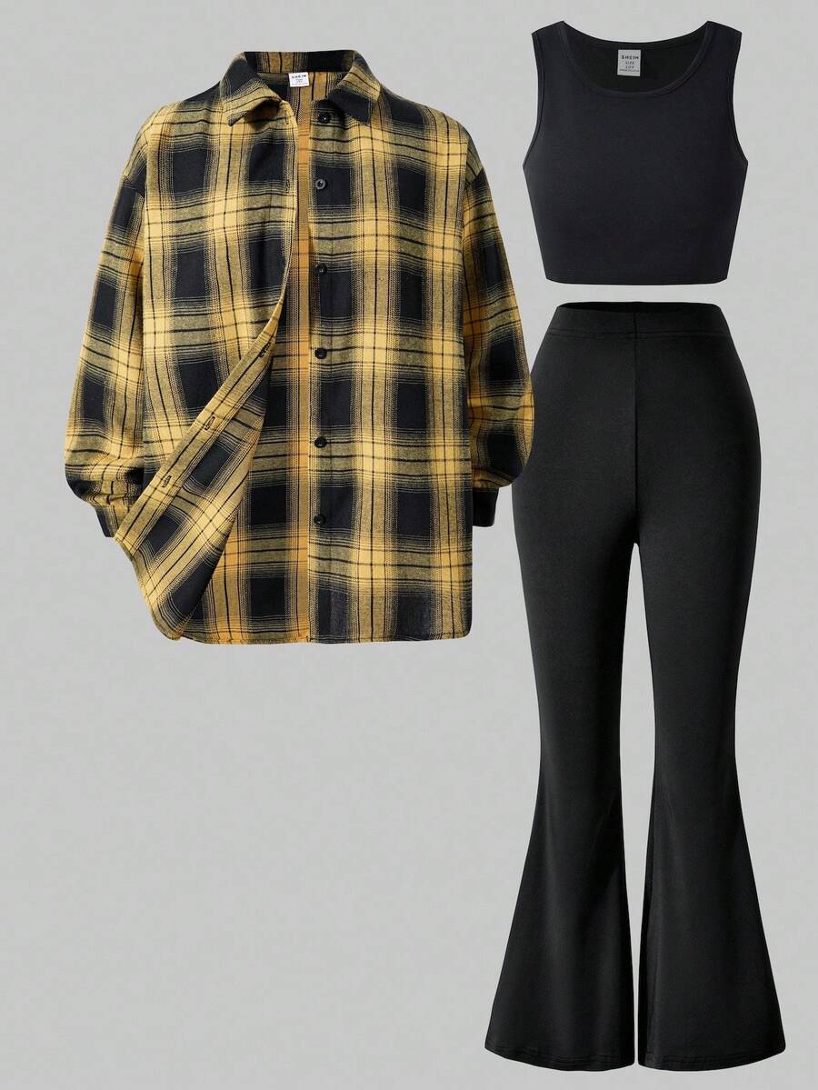 Teen Girl Casual Daily Graphic Button-Up Shirt, Camisole, And Flare Pants Set - Multicolor - View 1