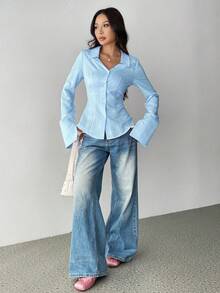 Flirla 女士时尚休闲条纹纽扣长袖衬衫 - 藍色 - 查看 3