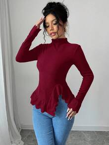 Elenzga Women's Solid Color Stand Collar Long Sleeve Ruffle Hem Ribbed T-Shirt, Christmas - Burgundy - View 6