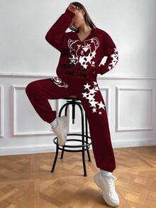 StreetHx 2pcs/Set Bear & Star Print Hooded Sweatshirt And Sweatpants - Burgundy - View 4