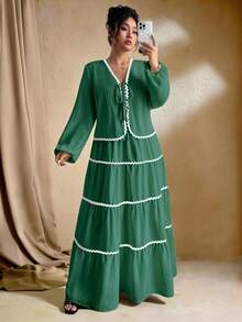 SHEIN Tall 加大码女式编织纹理长袖开衫，搭配系带腰带，撞色荷叶边下摆设计，松紧腰长裙，法式优雅浪漫两件套 - 橄欖綠 - 查看 1