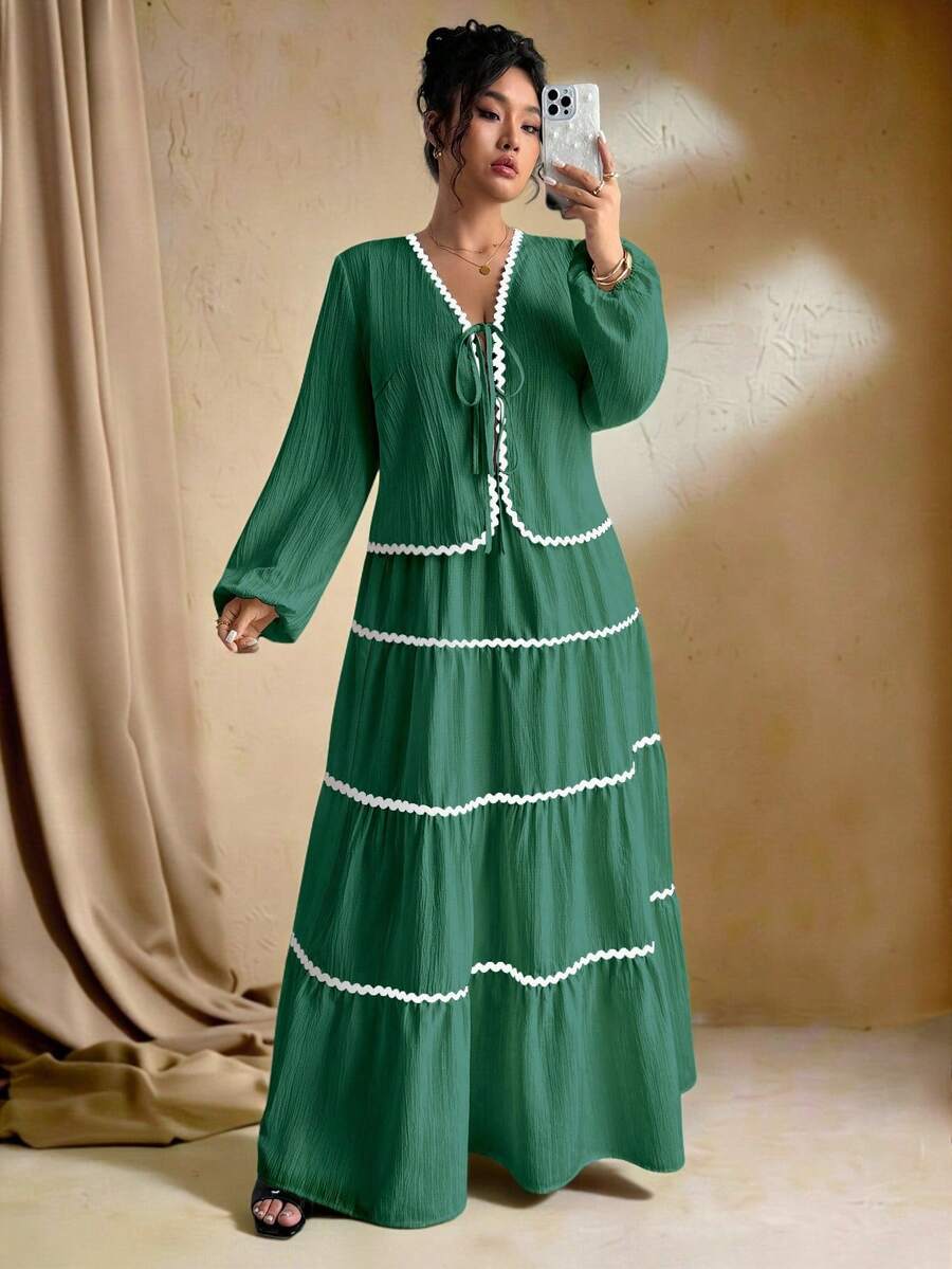 SHEIN Tall 加大码女式编织纹理长袖开衫，搭配系带腰带，撞色荷叶边下摆设计，松紧腰长裙，法式优雅浪漫两件套 - 橄欖綠 - 查看 1