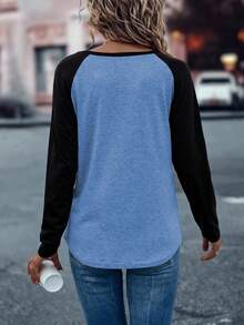 EMERY ROSE Colorblock Raglan Sleeve Tee Graphic Tees Women Tops - BLUE AND BLACK - View 2