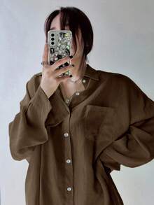 女士纯色常规翻领超宽松衬衫、长袖上衣、秋装 - 棕色 - 查看 3