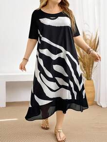 EMERY ROSE Plus Size Women's Short Sleeve Colorblock Printed Vacation Casual Blue And White Striped Dress