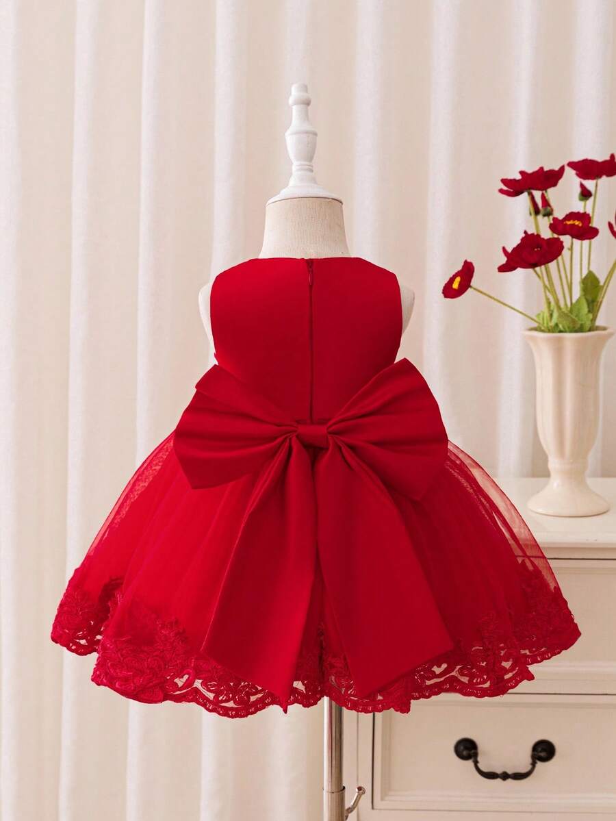 Glamorique Kids 女婴红色薄纱荷叶边连衣裙，蝴蝶结后背设计，优雅迷人，适合日常派对、聚会，展现女孩的高贵、优雅和纯真 - 紅色 - 查看 1