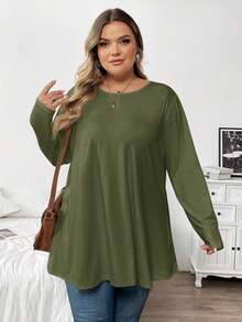 SHEIN CURVE+ 大码女式休闲纯色宽松圆领长袖T恤 - 軍綠色 - 查看 4