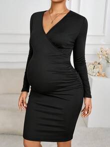 SHEIN Vestido de maternidad de unicolor con escote cruzado en V, manga larga, ajustado y elegante para lactancia - Negro - Ver 5
